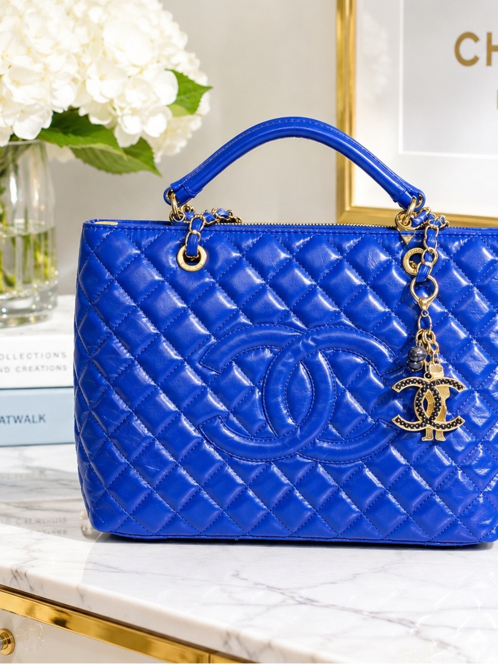 Source Unknown Quilted Leather Shoulder Bag in Bright Blue with Gold Hardware
